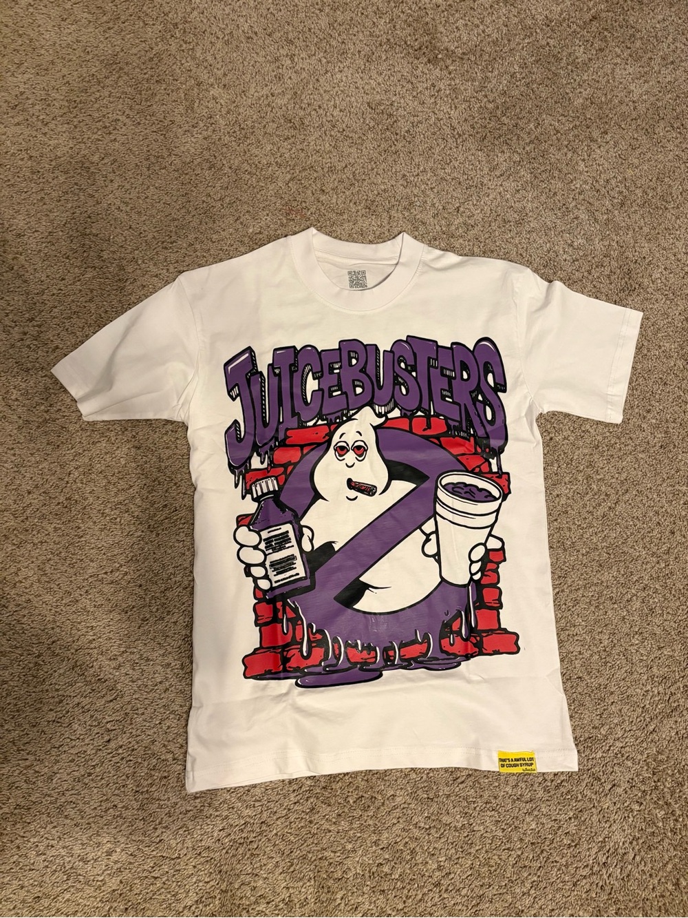 JuiceBusters Graphic Tee in White with Purple & Red Print